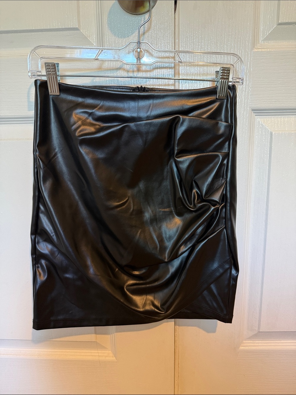 Black Faux Leather Mini Skirt with Draped Detail